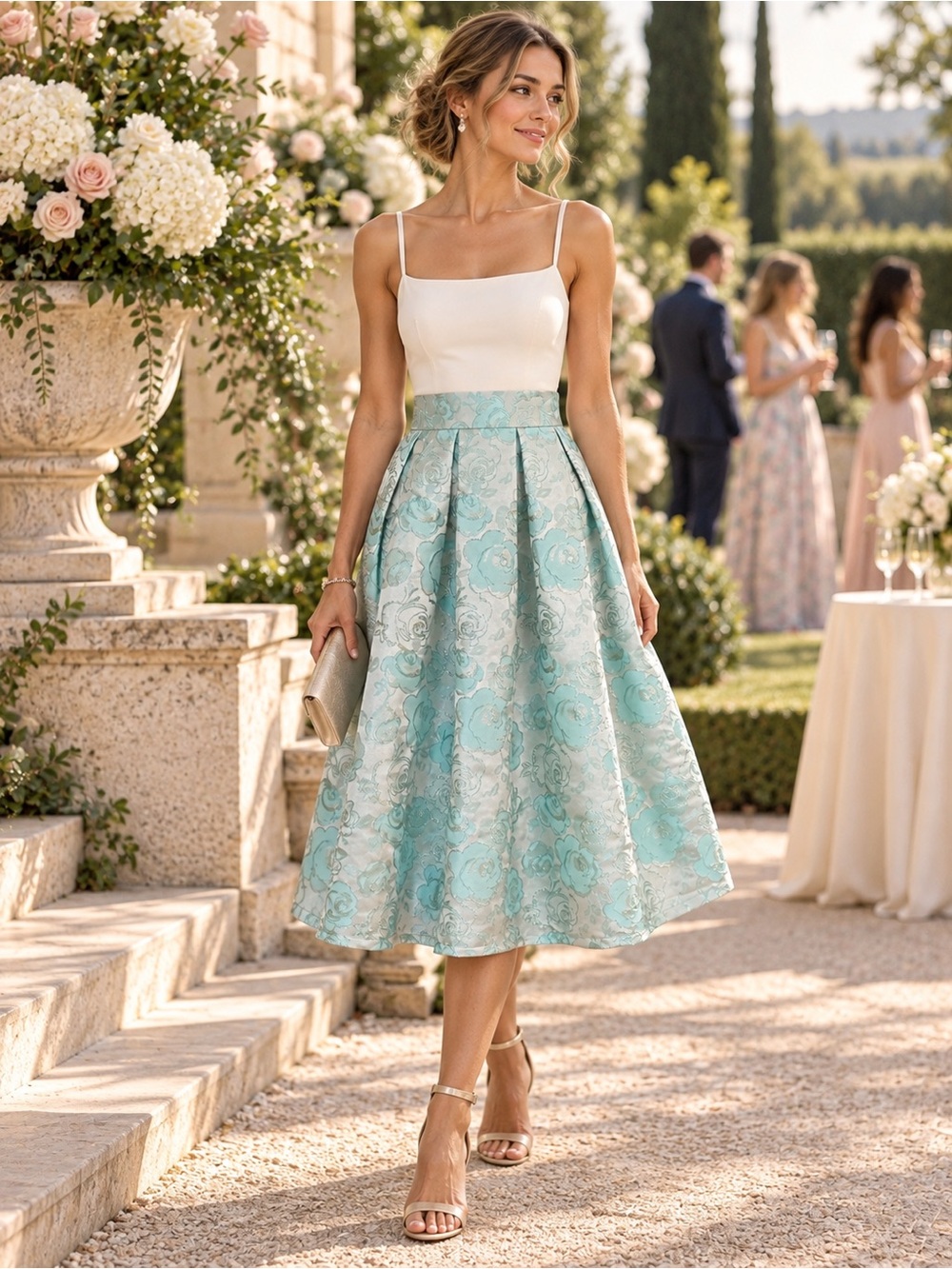 Floral Jacquard A-Line Midi Skirt in Light Aqua